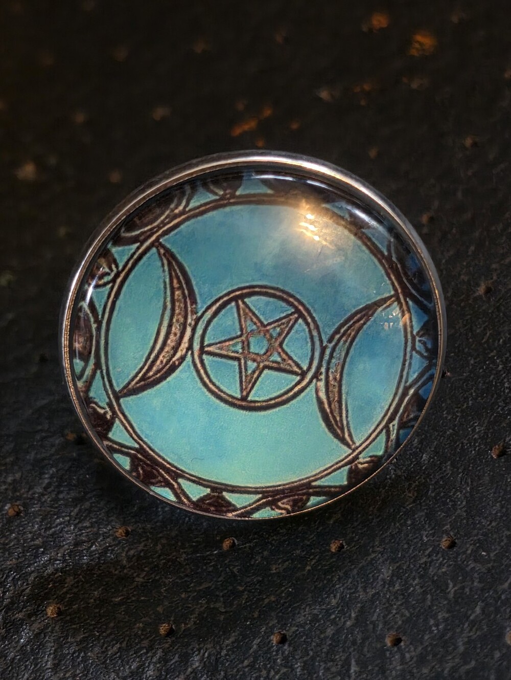 Blue Triple Crescent Moon Cabochon On Stainless Steel Ring Bezel (25mm)